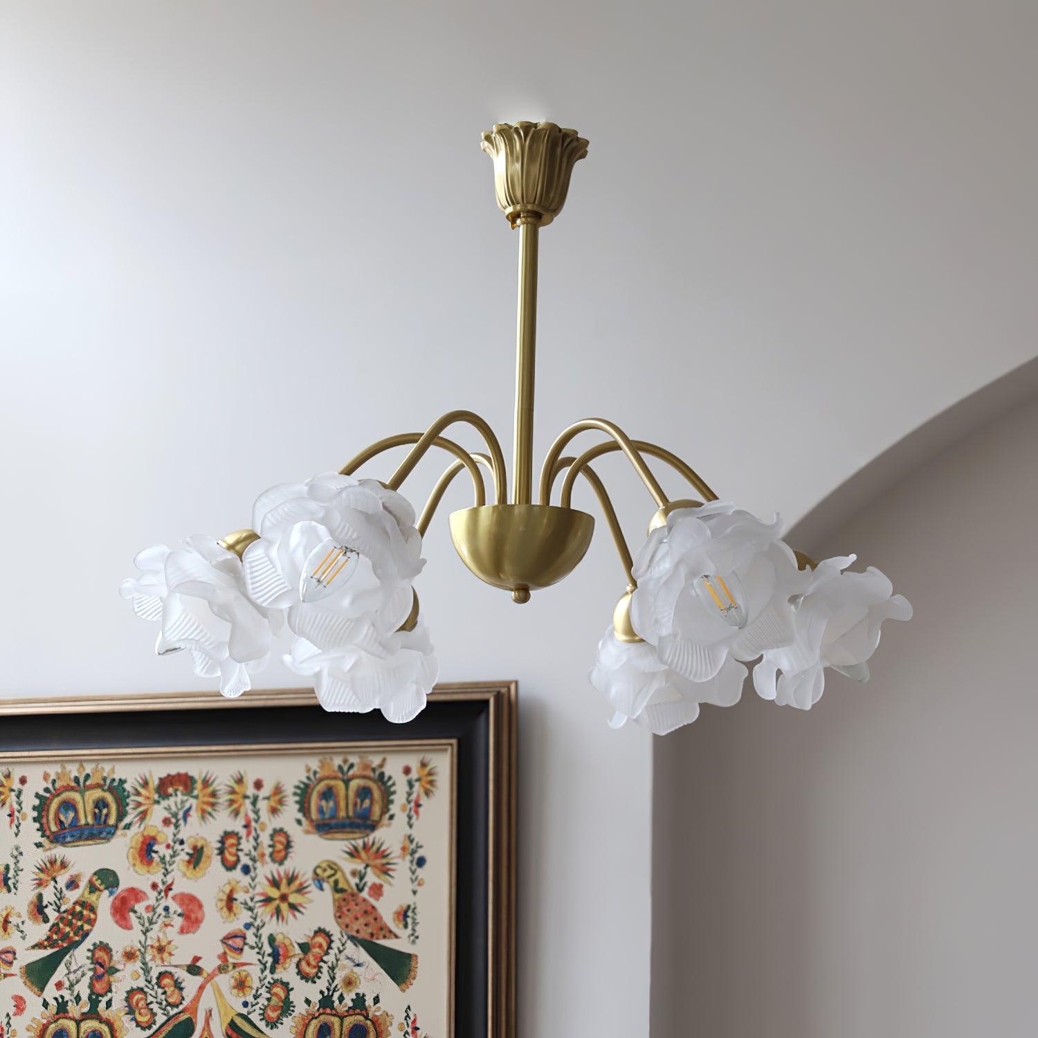 Elegant Floral Rose Glass and Copper Chandelier Ceiling Light for Interior Living Spaces