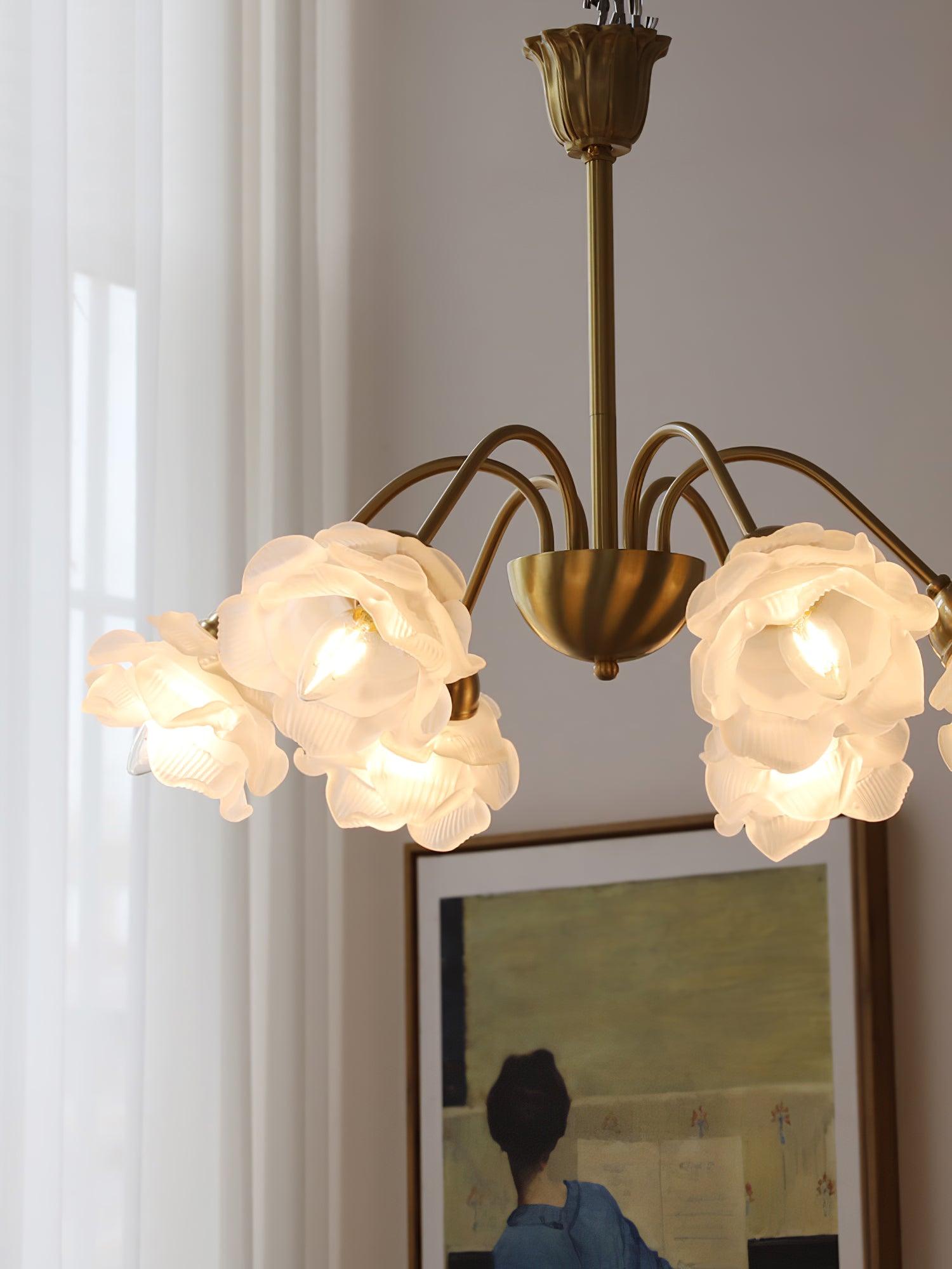 Elegant Floral Rose Glass and Copper Chandelier Ceiling Light for Interior Living Spaces