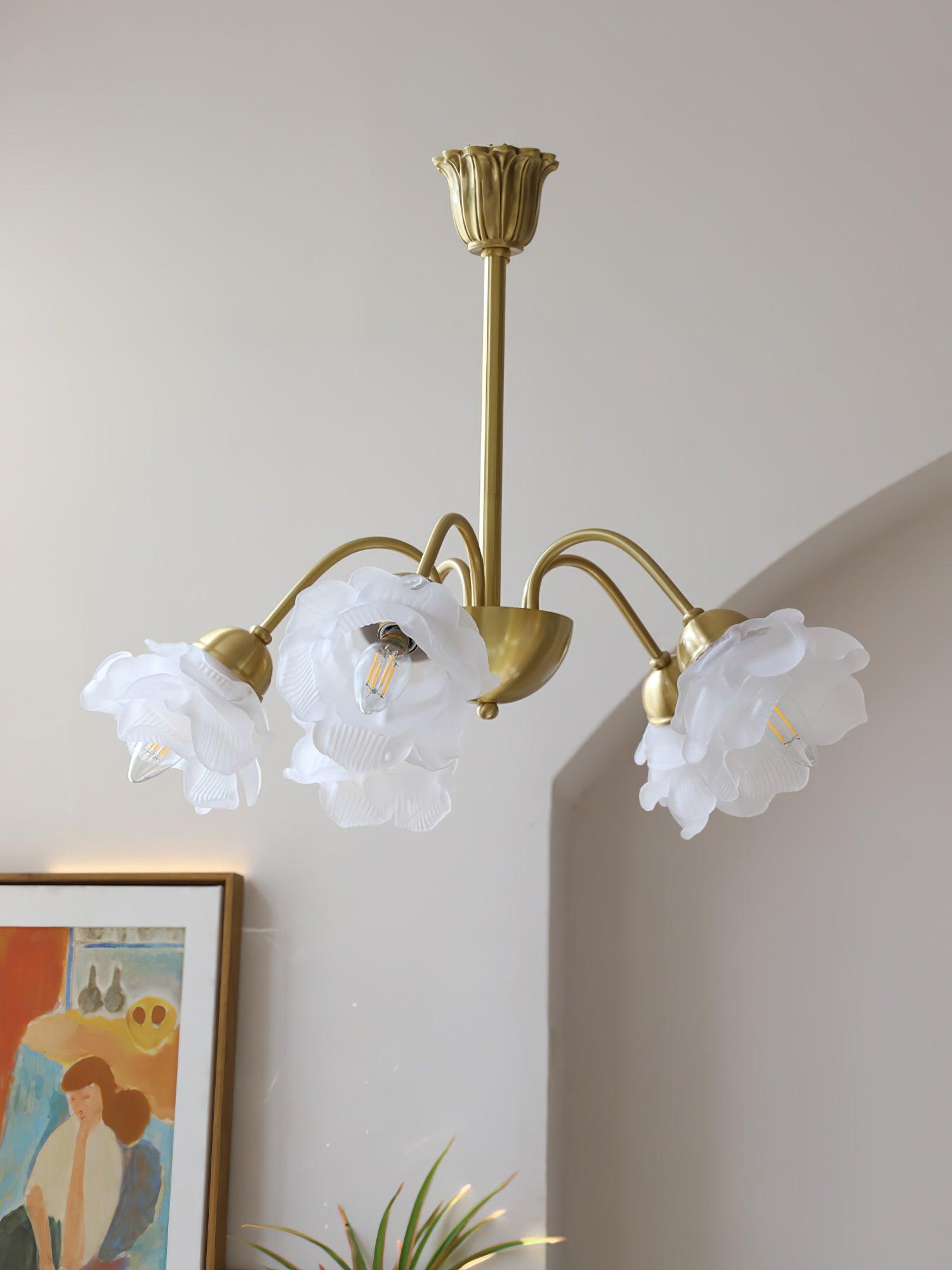 Elegant Floral Rose Glass and Copper Chandelier Ceiling Light for Interior Living Spaces