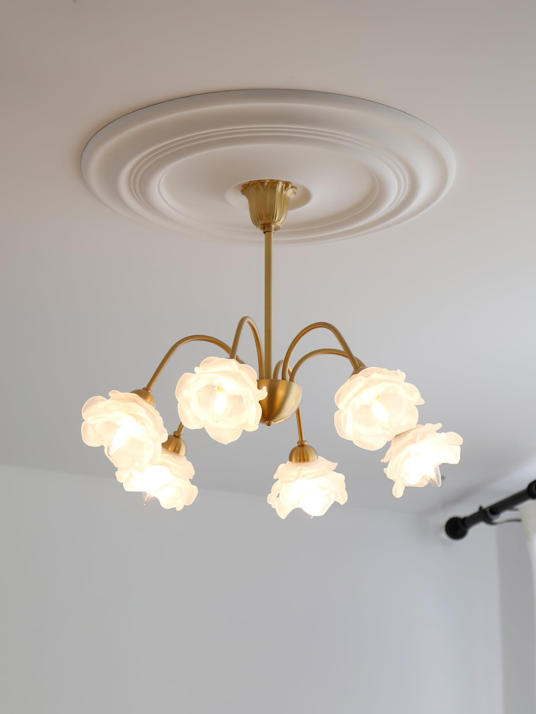 Elegant Floral Rose Glass and Copper Chandelier Ceiling Light for Interior Living Spaces