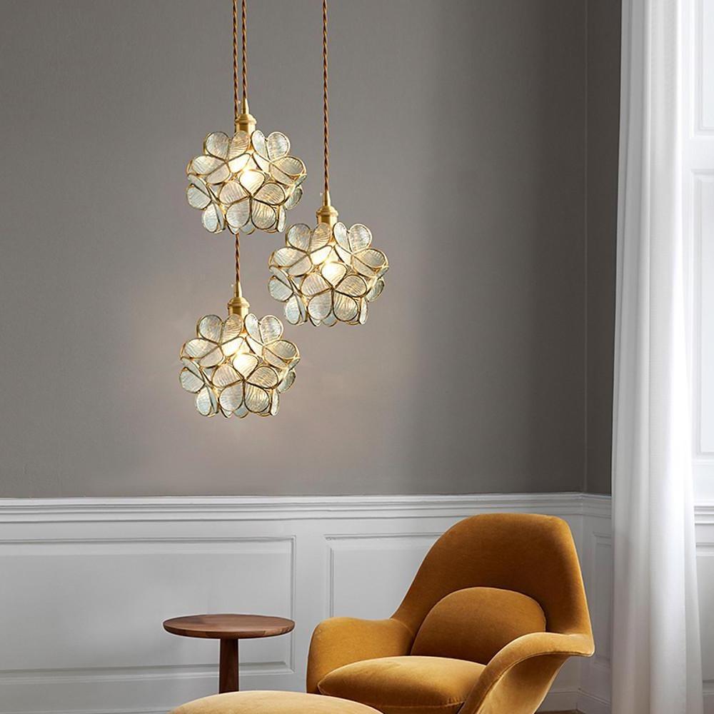 Elegant Flower Shaped Glass Pendant Light Copper Hanging Ceiling Fixture for Modern Home Decor