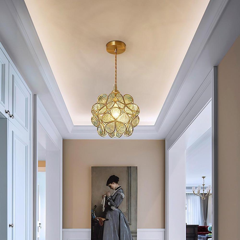Elegant Flower Shaped Glass Pendant Light Copper Hanging Ceiling Fixture for Modern Home Decor