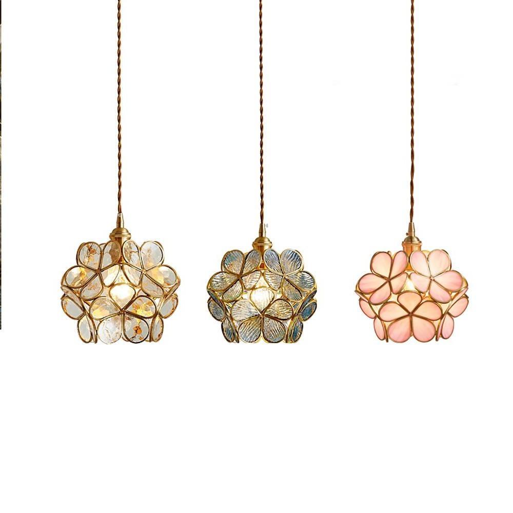 Elegant Flower Shaped Glass Pendant Light Copper Hanging Ceiling Fixture for Modern Home Decor