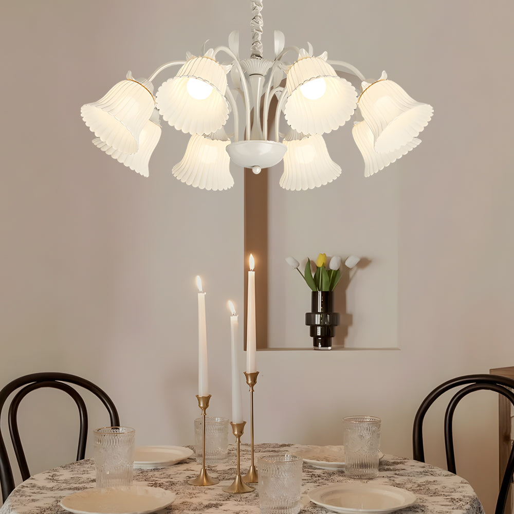 Elegant French Pastoral White Flower Chandelier 8 Light Floral Pendant with 3 Step Dimming