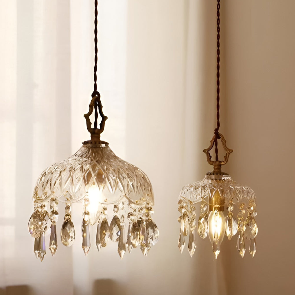 Elegant French Style Crystal Glass Pendant Lamp Vintage Gold LED Hanging Ceiling Light