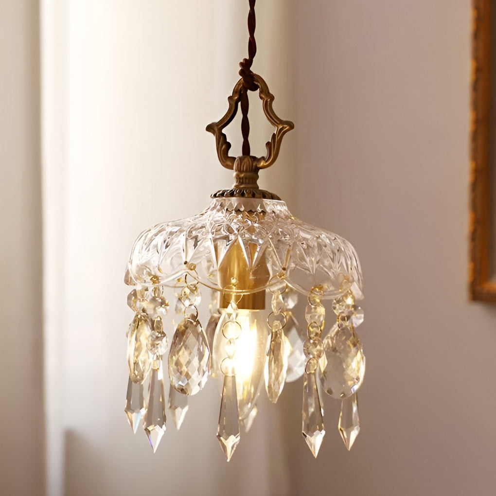 Elegant French Style Crystal Glass Pendant Lamp Vintage Gold LED Hanging Ceiling Light