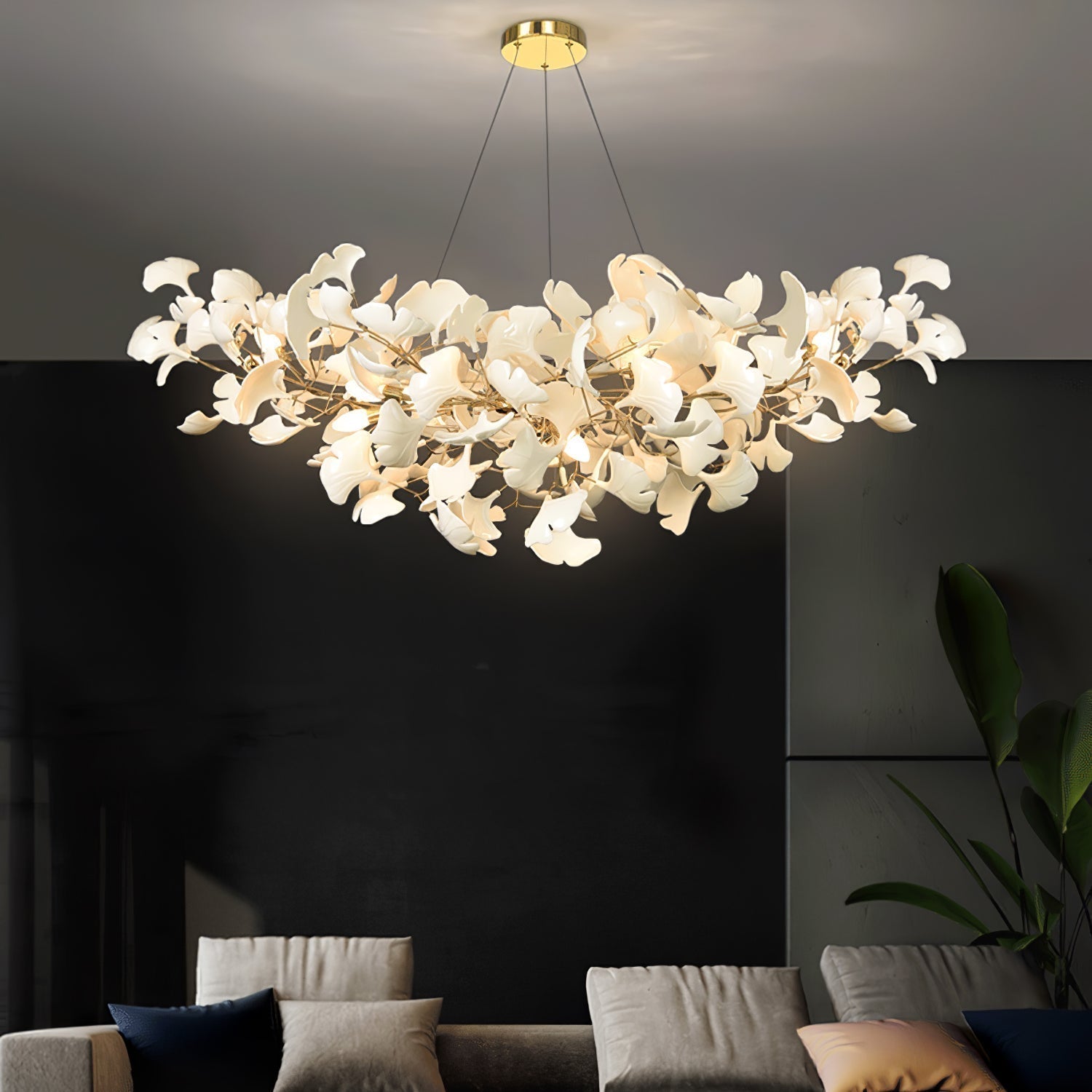 Elegant Ginkgo Leaf Porcelain Chandelier Linear Metal Branch Light in Gold Finish