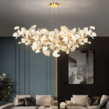 Elegant Ginkgo Leaf Porcelain Chandelier Linear Metal Branch Light in Gold Finish