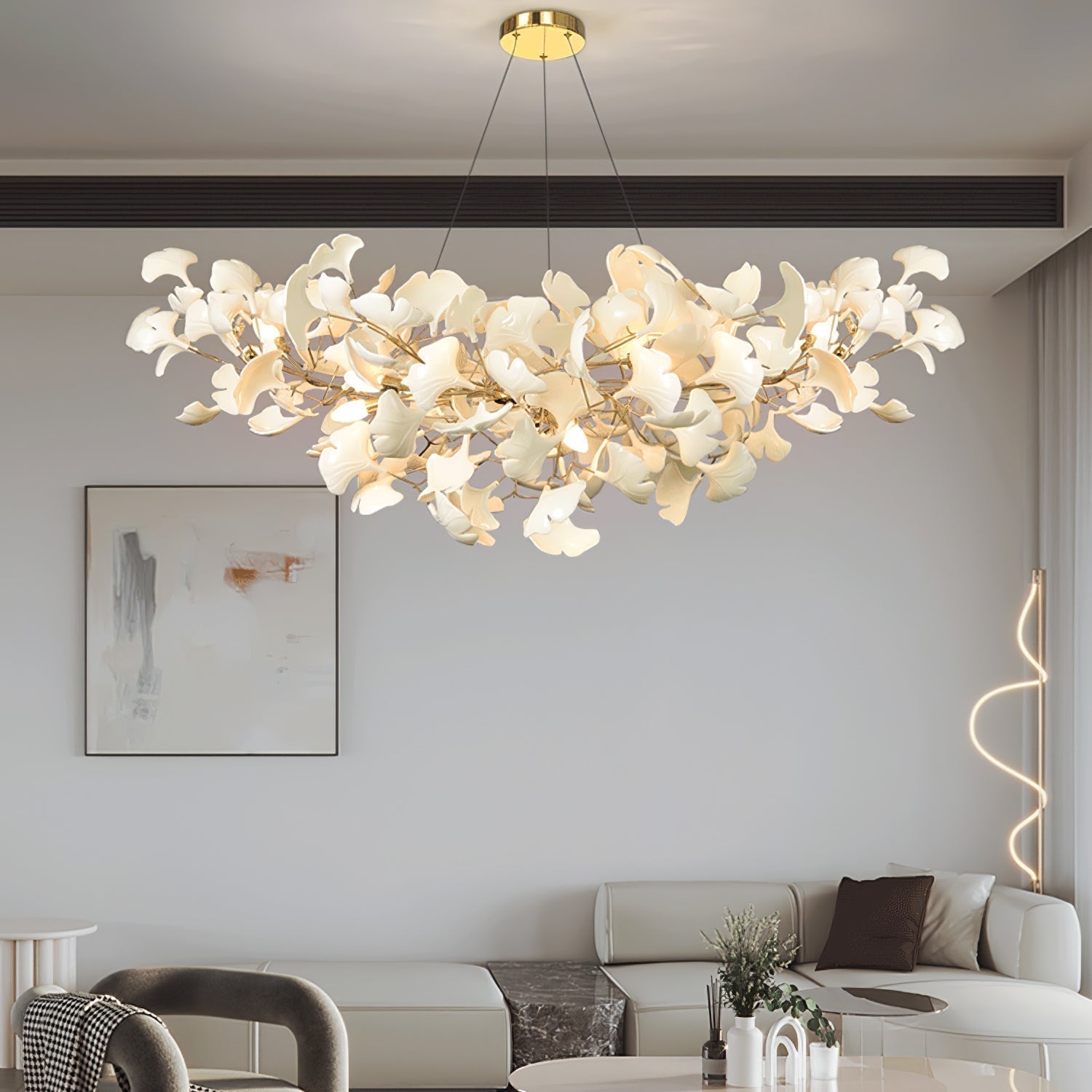 Elegant Ginkgo Leaf Porcelain Chandelier Linear Metal Branch Light in Gold Finish