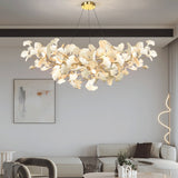 Elegant Ginkgo Leaf Porcelain Chandelier Linear Metal Branch Light in Gold Finish