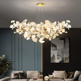 Elegant Ginkgo Leaf Porcelain Chandelier Linear Metal Branch Light in Gold Finish