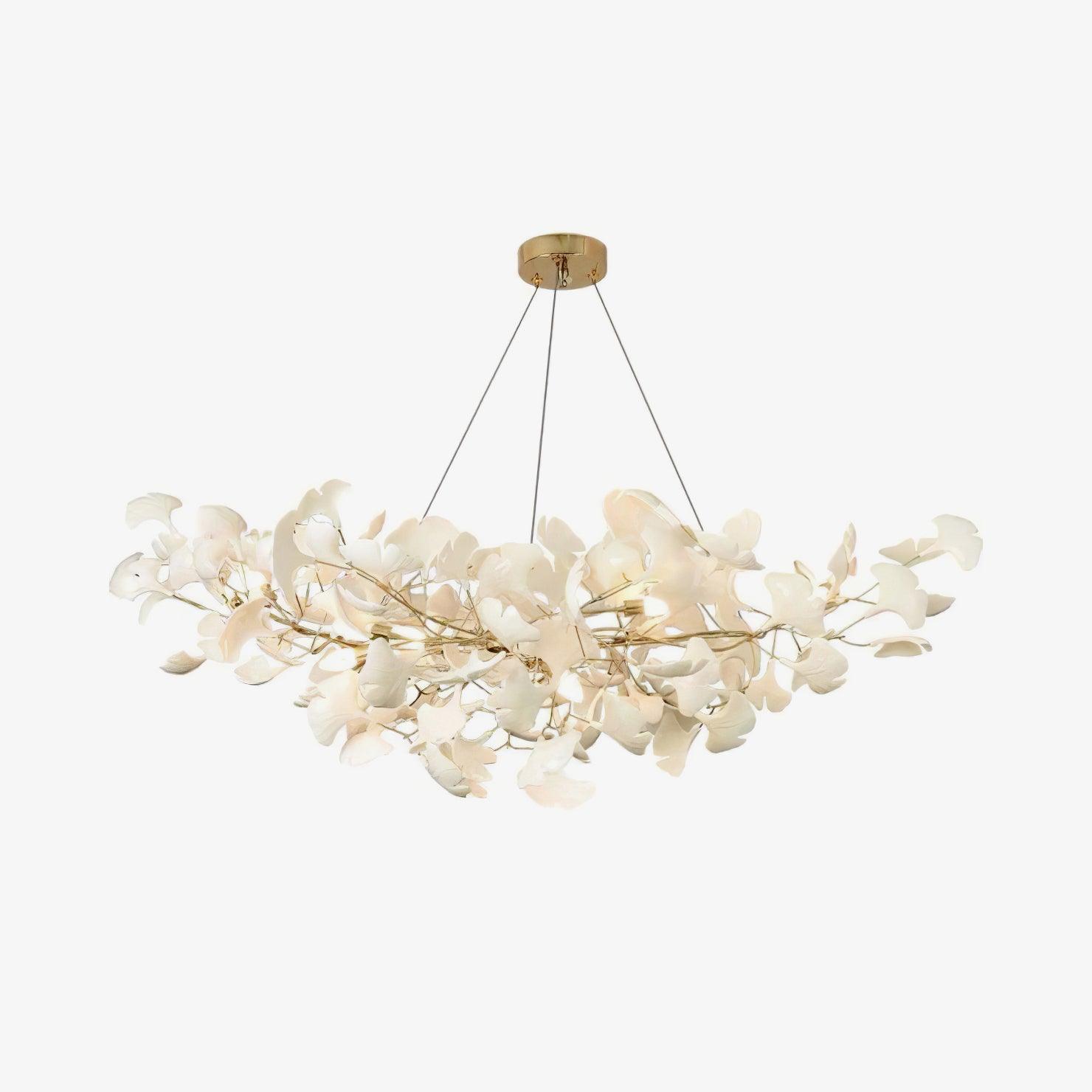 Elegant Ginkgo Leaf Porcelain Chandelier Linear Metal Branch Light in Gold Finish