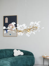 Elegant Ginkgo Leaf Porcelain Chandelier Linear Metal Branch Light in Gold Finish
