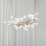 Elegant Ginkgo Leaf Porcelain Chandelier Linear Metal Branch Light in Gold Finish