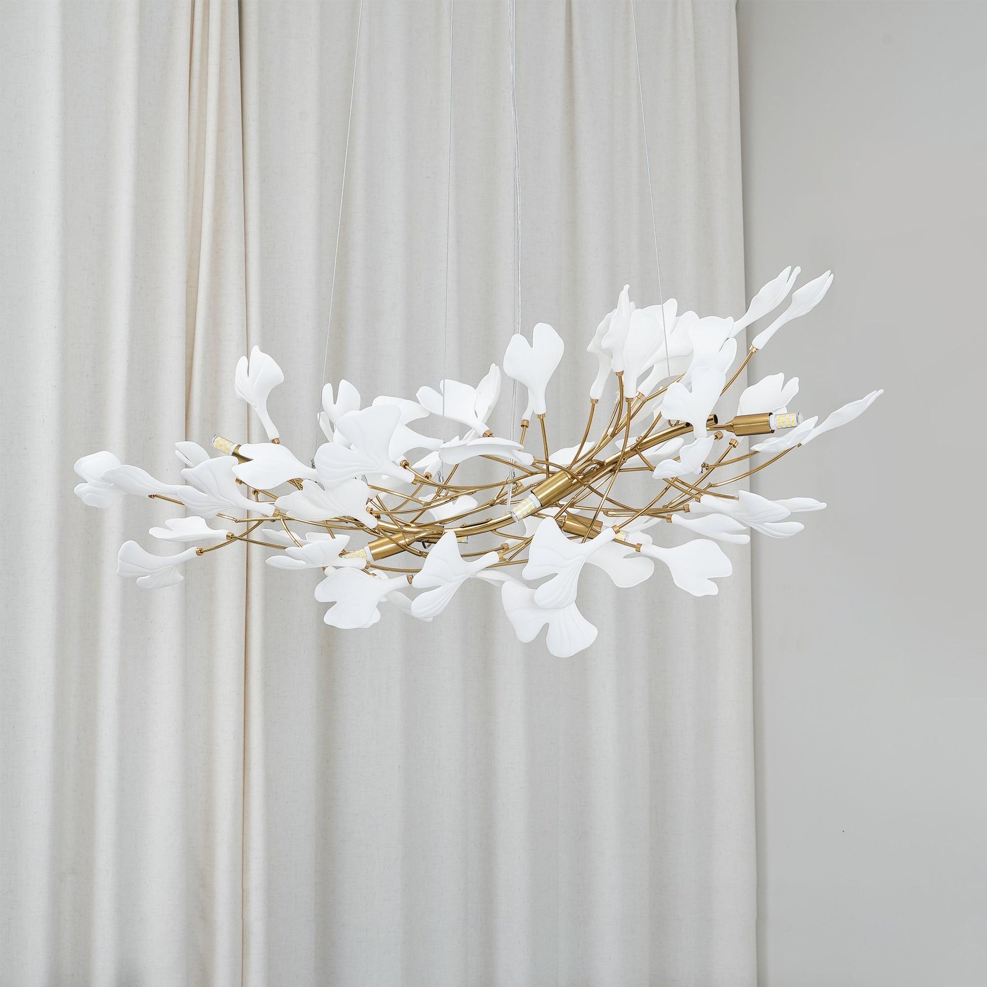 Elegant Ginkgo Leaf Porcelain Chandelier Linear Metal Branch Light in Gold Finish