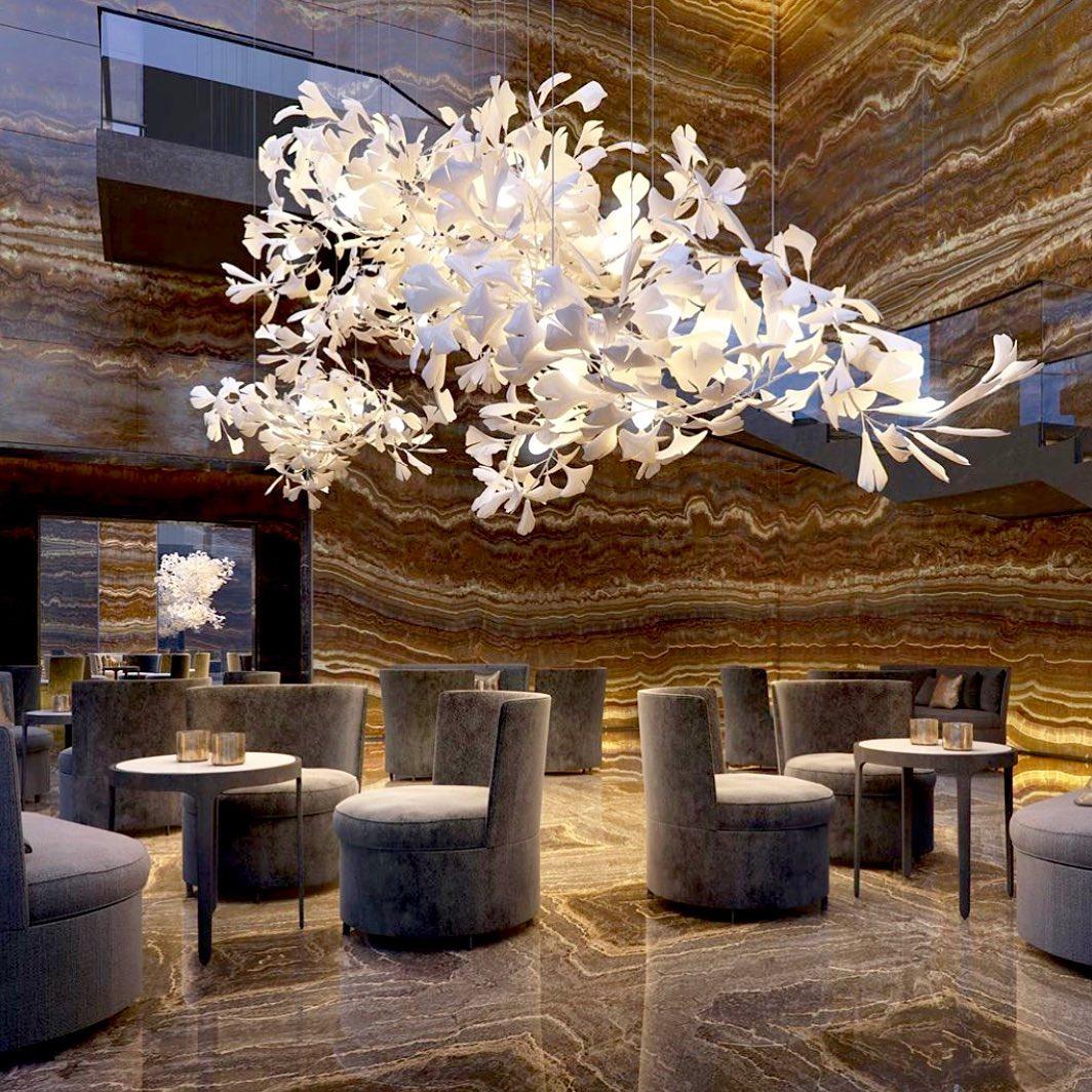 Elegant Ginkgo Leaf Porcelain Chandelier Linear Metal Branch Light in Gold Finish