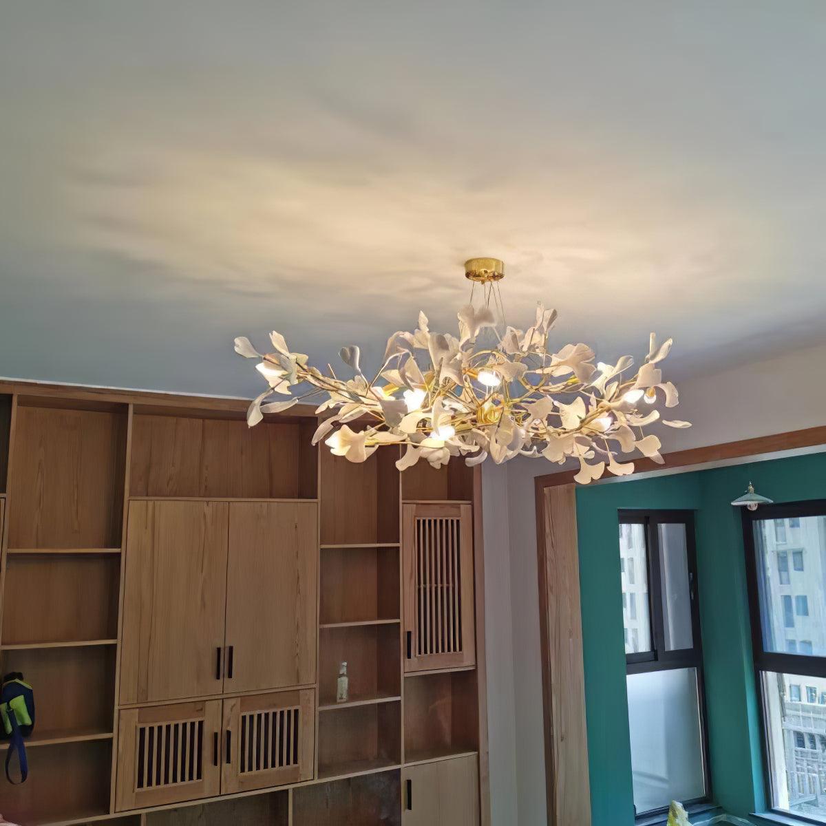 Elegant Ginkgo Leaf Porcelain Chandelier Linear Metal Branch Light in Gold Finish