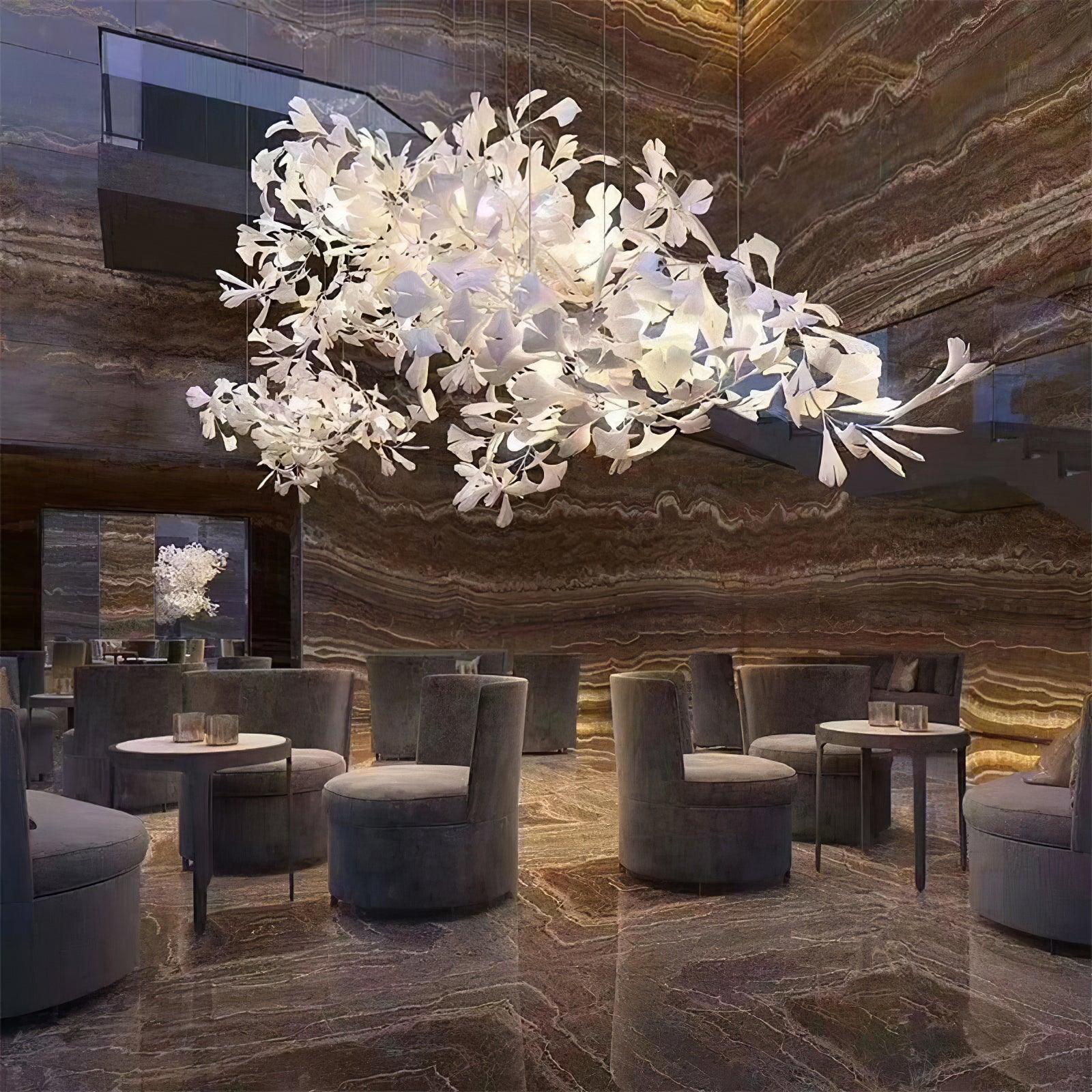 Elegant Ginkgo Leaf Porcelain Chandelier Linear Metal Branch Light in Gold Finish