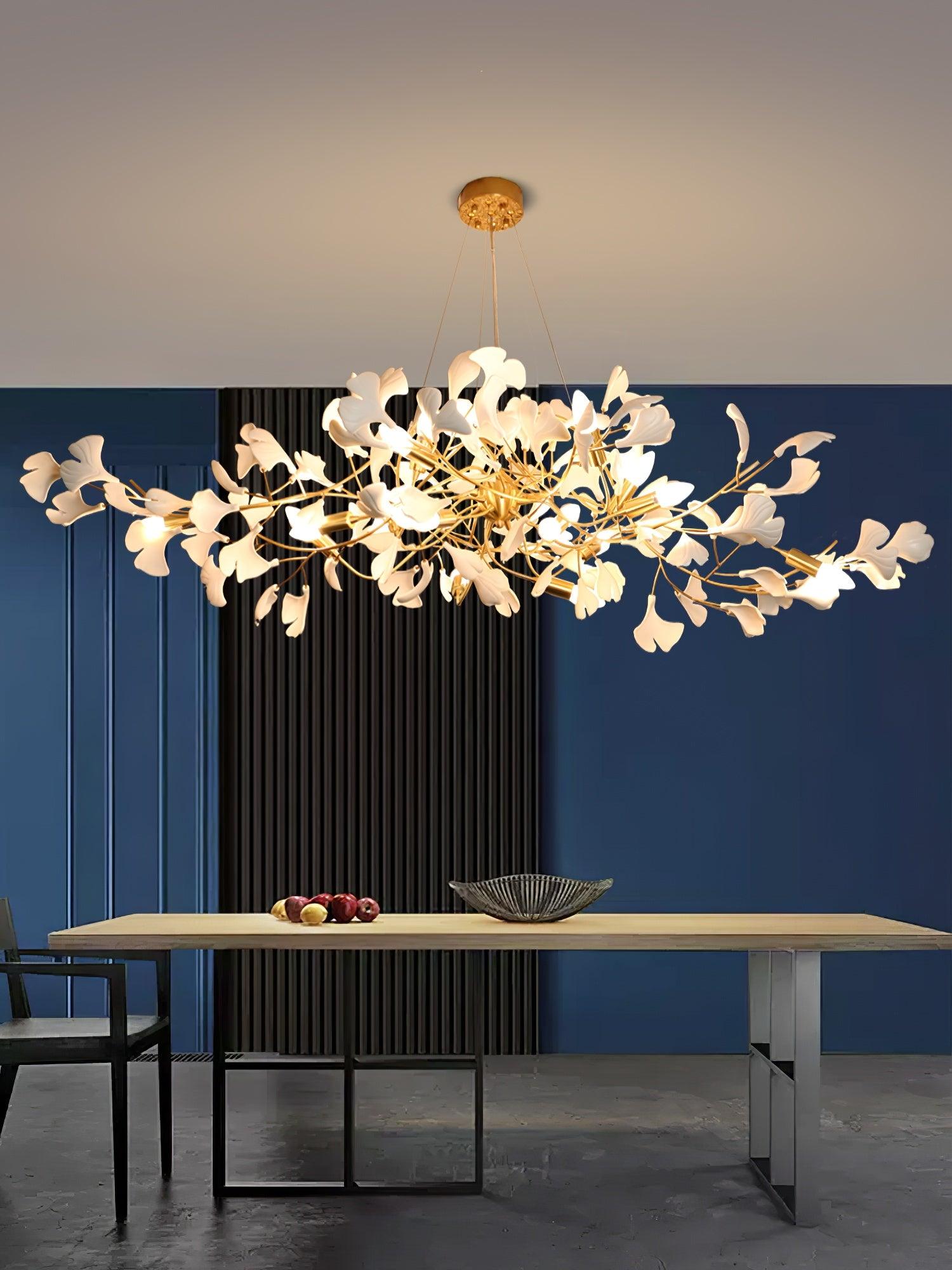 Elegant Ginkgo Leaf Porcelain Chandelier Linear Metal Branch Light in Gold Finish