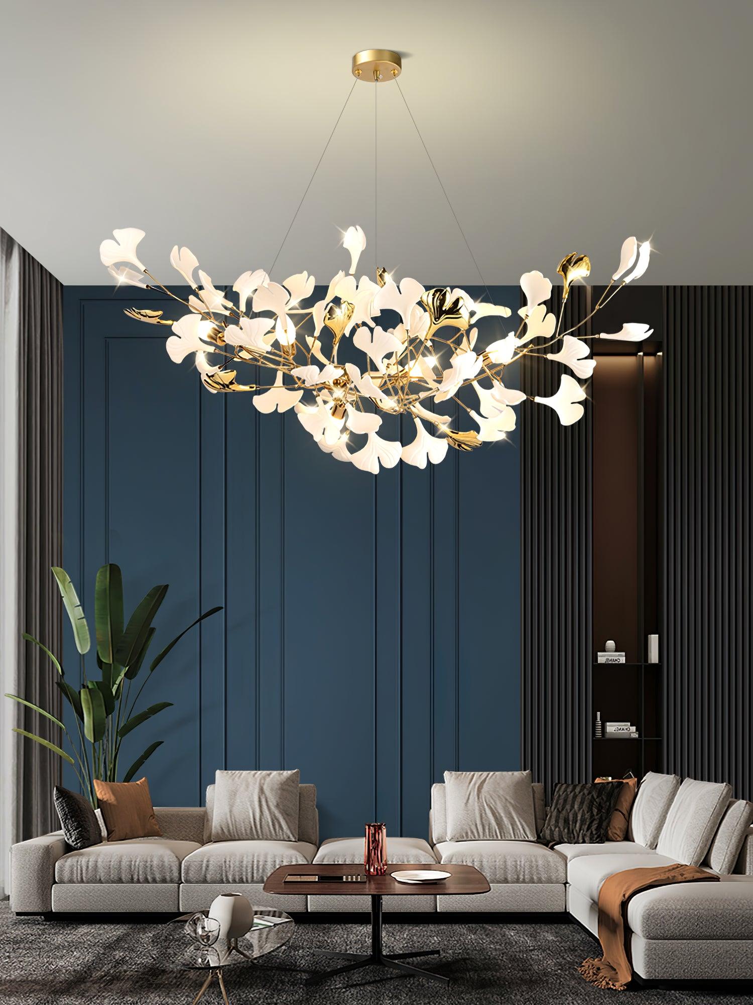Elegant Ginkgo Leaf Porcelain Chandelier Linear Metal Branch Light in Gold Finish