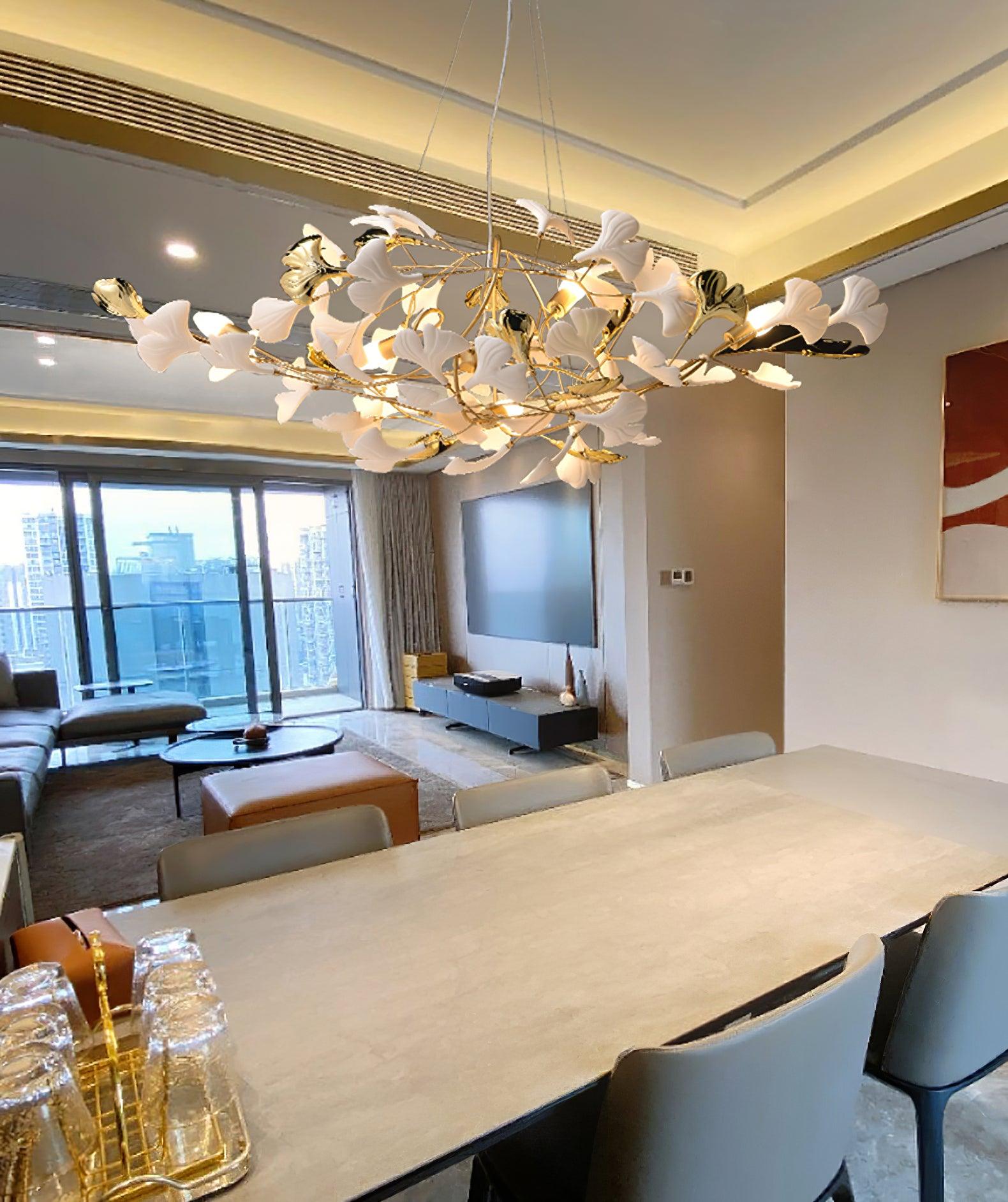 Elegant Ginkgo Leaf Porcelain Chandelier Linear Metal Branch Light in Gold Finish