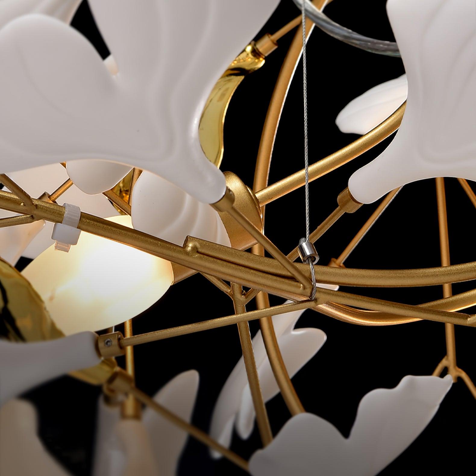 Elegant Ginkgo Leaf Porcelain Chandelier Linear Metal Branch Light in Gold Finish