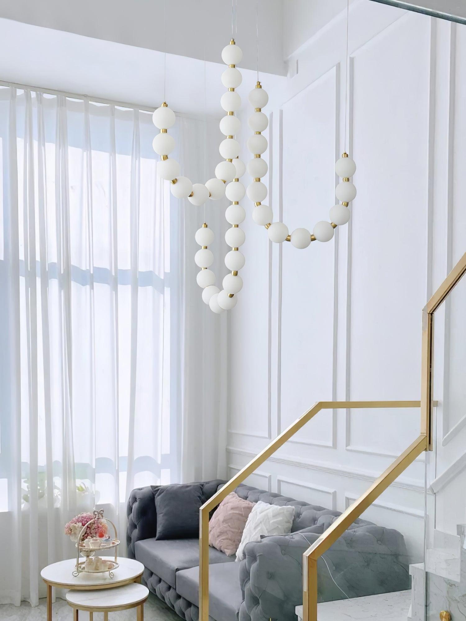 Elegant Glass Pearl Necklace Chandelier Brass and White Globe Modern Ceiling Light Fixture