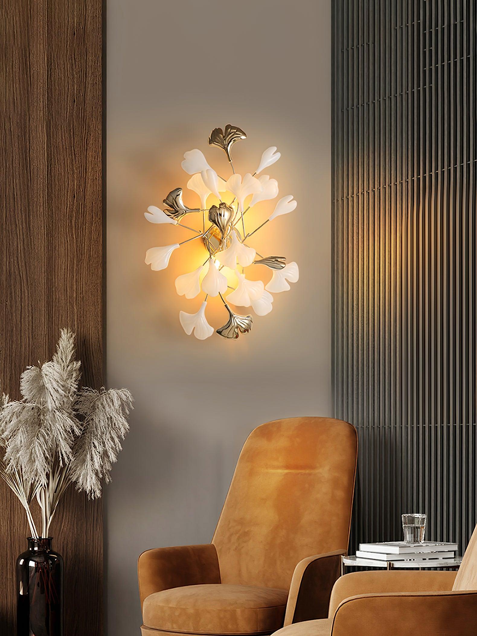 Elegant Gold and White Ginkgo Leaf Wall Sconce Indoor Ceramic Accent Lighting