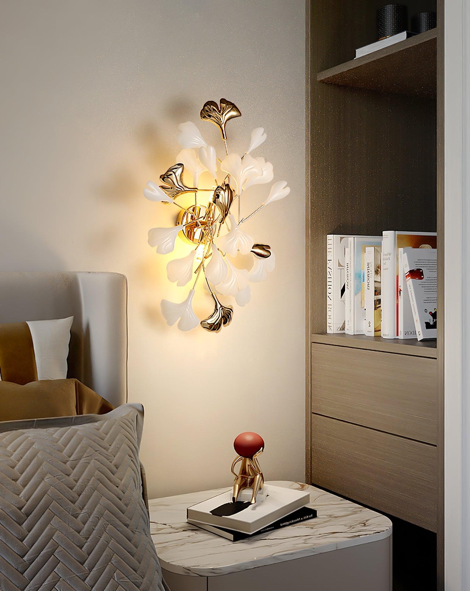 Elegant Gold and White Ginkgo Leaf Wall Sconce Indoor Ceramic Accent Lighting