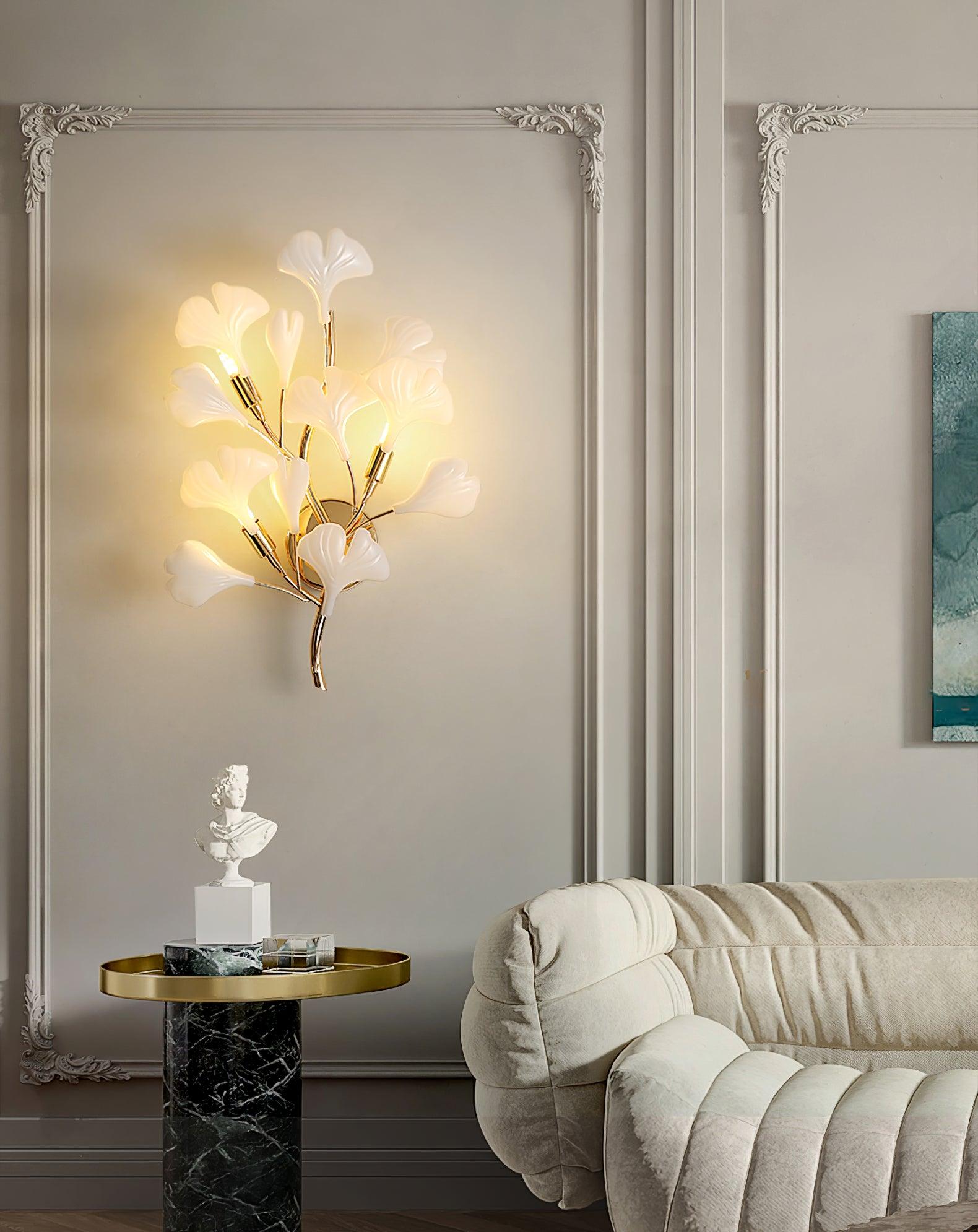 Elegant Gold and White Ginkgo Leaf Wall Sconce Indoor Ceramic Accent Lighting