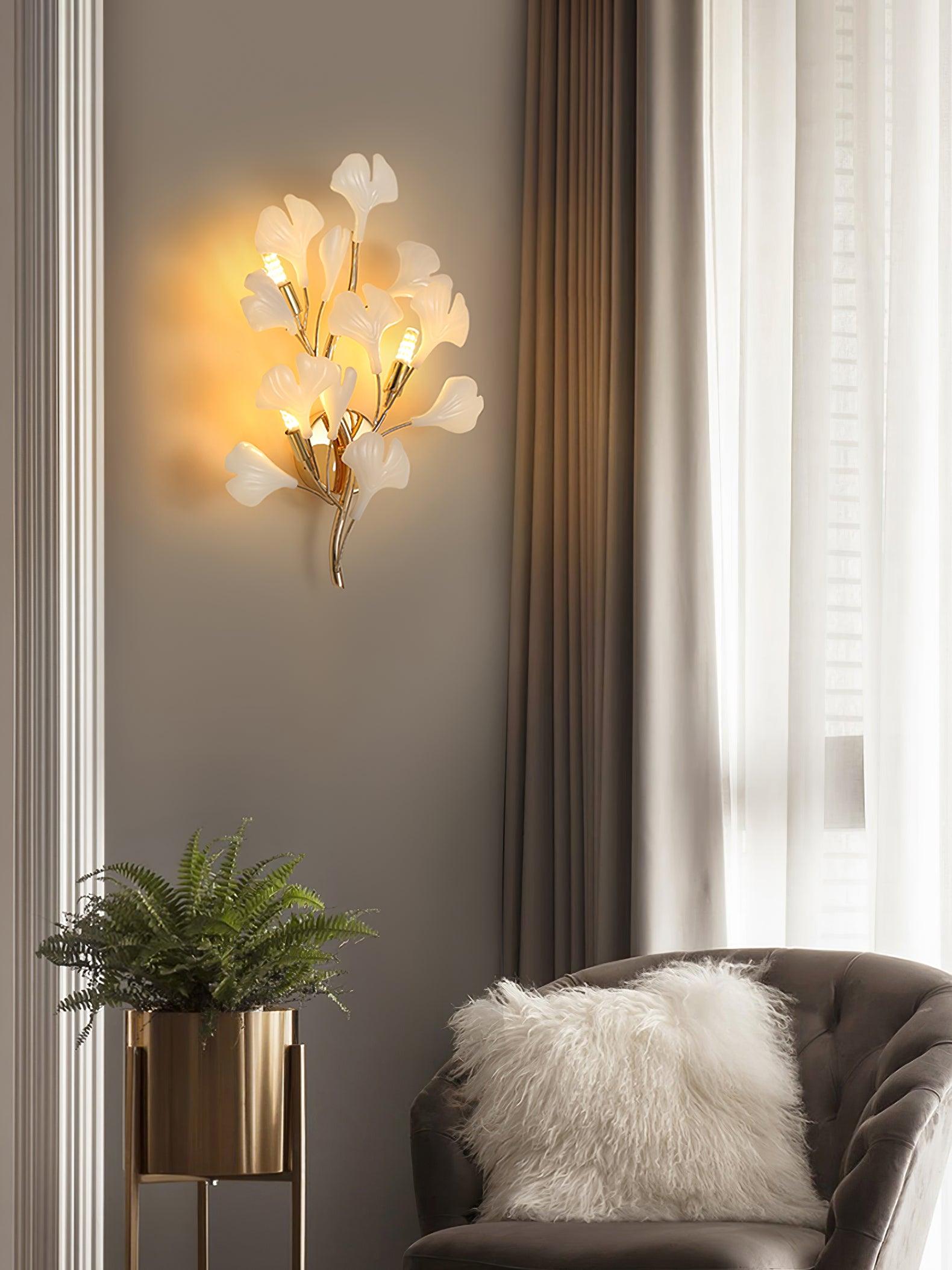 Elegant Gold and White Ginkgo Leaf Wall Sconce Indoor Ceramic Accent Lighting
