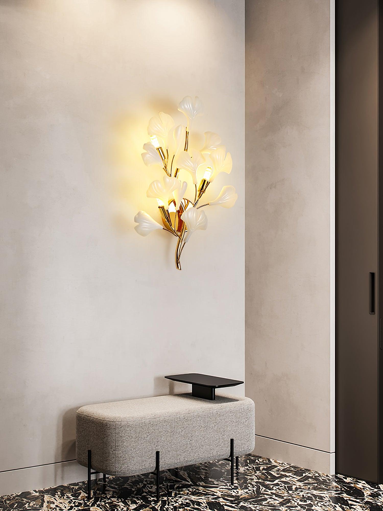 Elegant Gold and White Ginkgo Leaf Wall Sconce Indoor Ceramic Accent Lighting