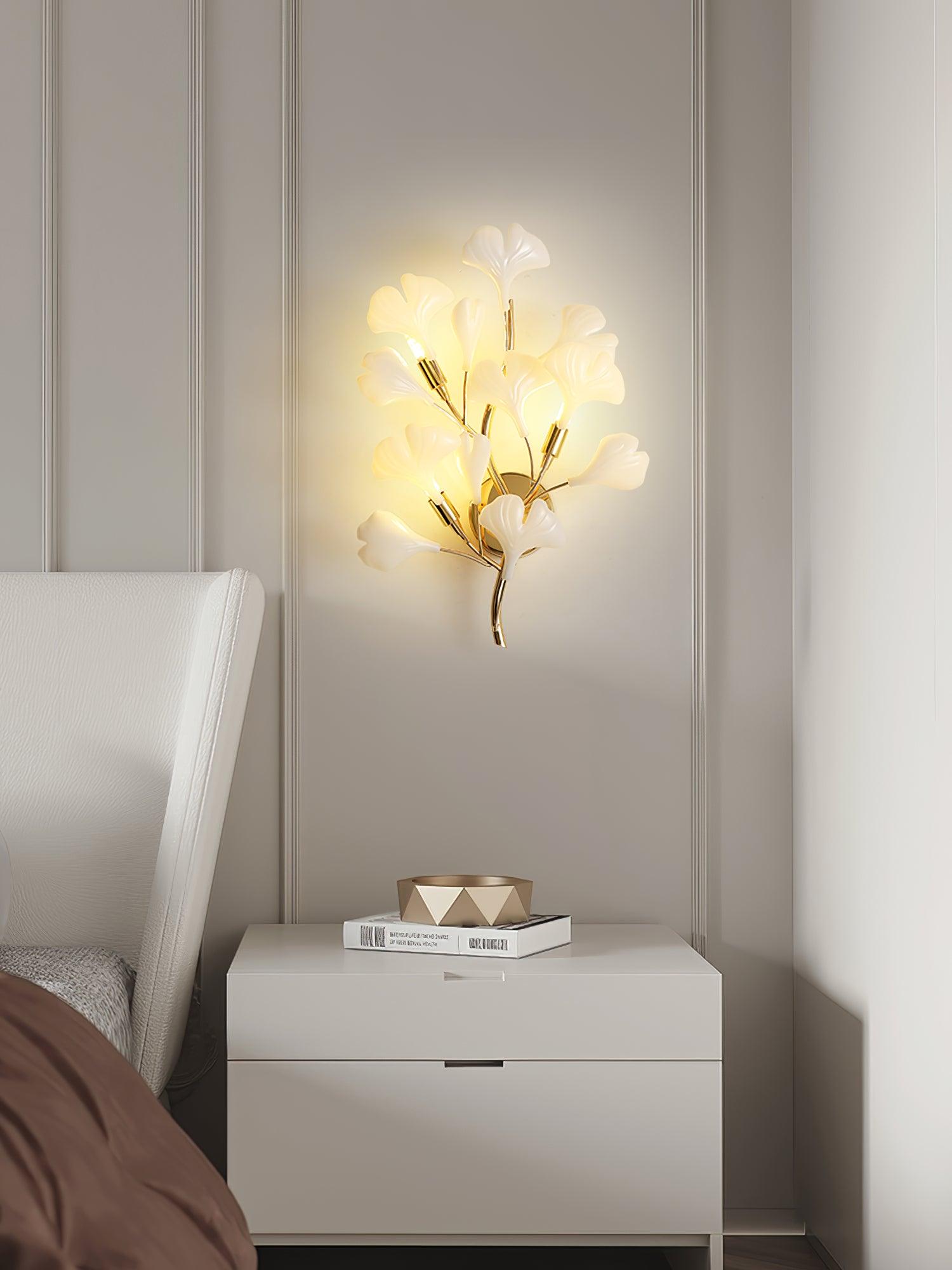 Elegant Gold and White Ginkgo Leaf Wall Sconce Indoor Ceramic Accent Lighting