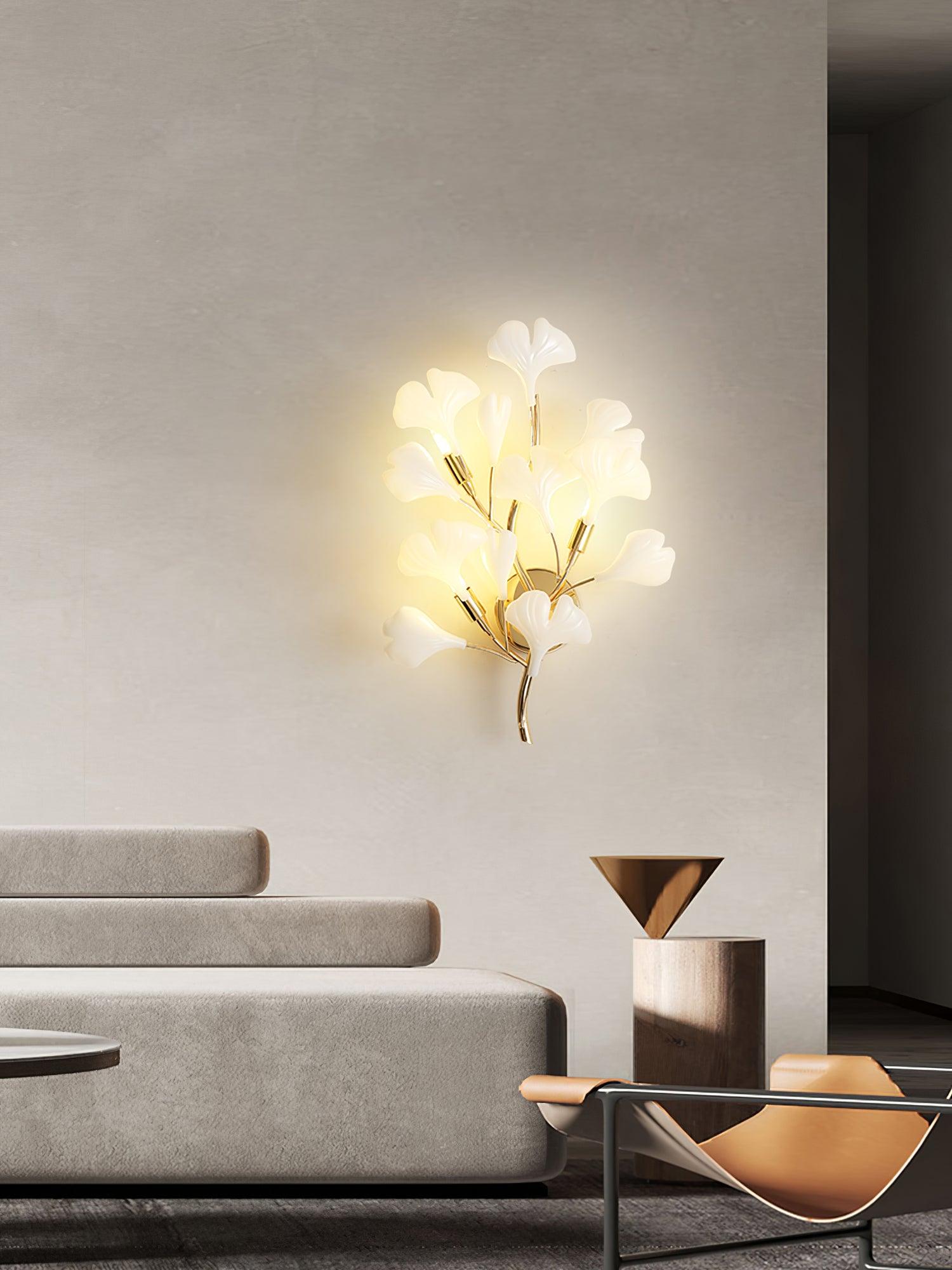 Elegant Gold and White Ginkgo Leaf Wall Sconce Indoor Ceramic Accent Lighting