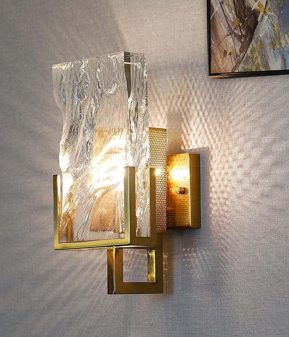 Elegant Ice Crystal Glass Wall Sconce Brass Finish Modern Indoor Light Fixture