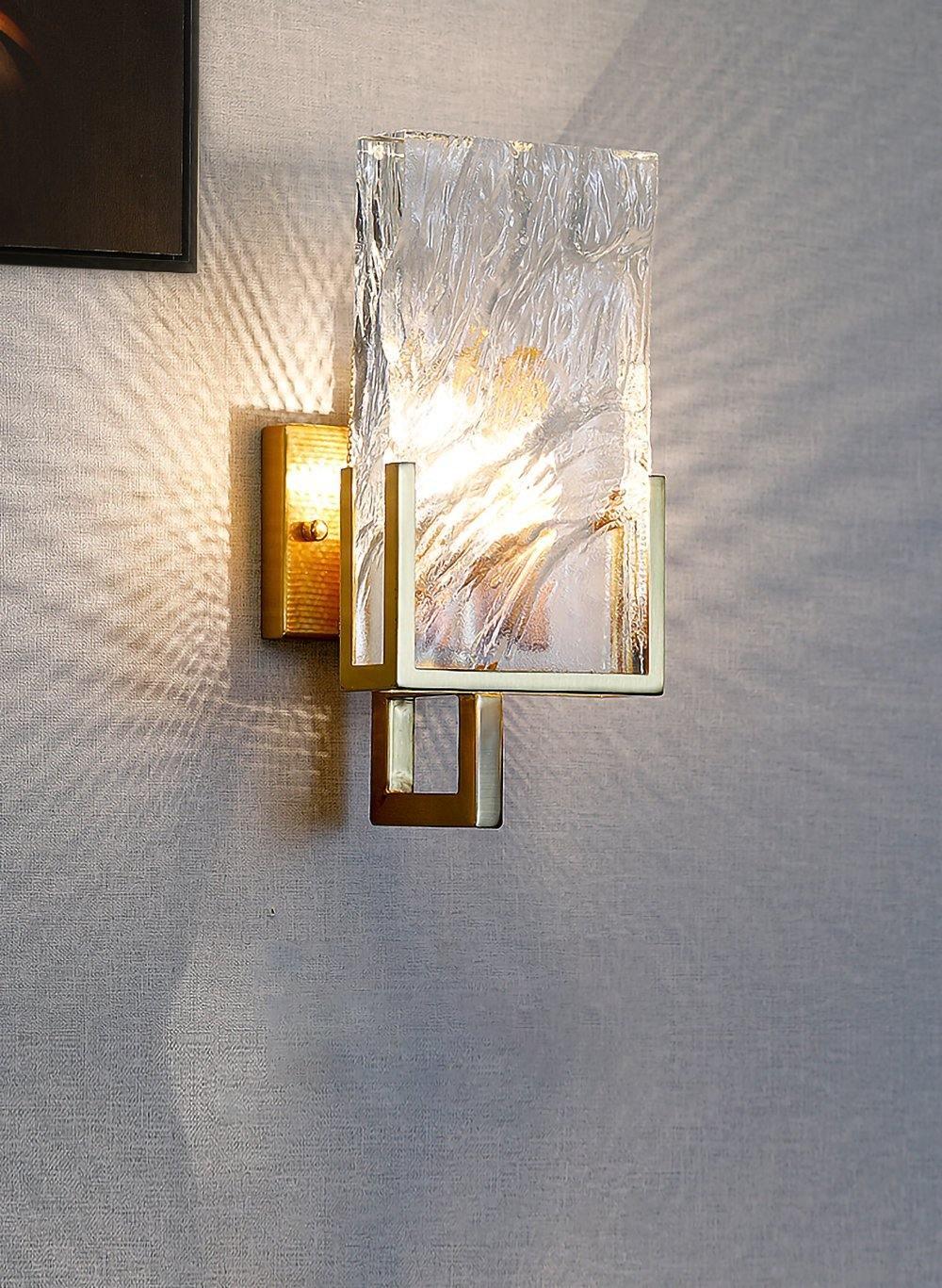 Elegant Ice Crystal Glass Wall Sconce Brass Finish Modern Indoor Light Fixture