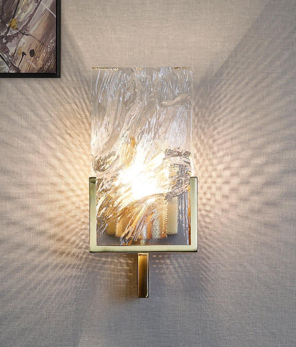 Elegant Ice Crystal Glass Wall Sconce Brass Finish Modern Indoor Light Fixture