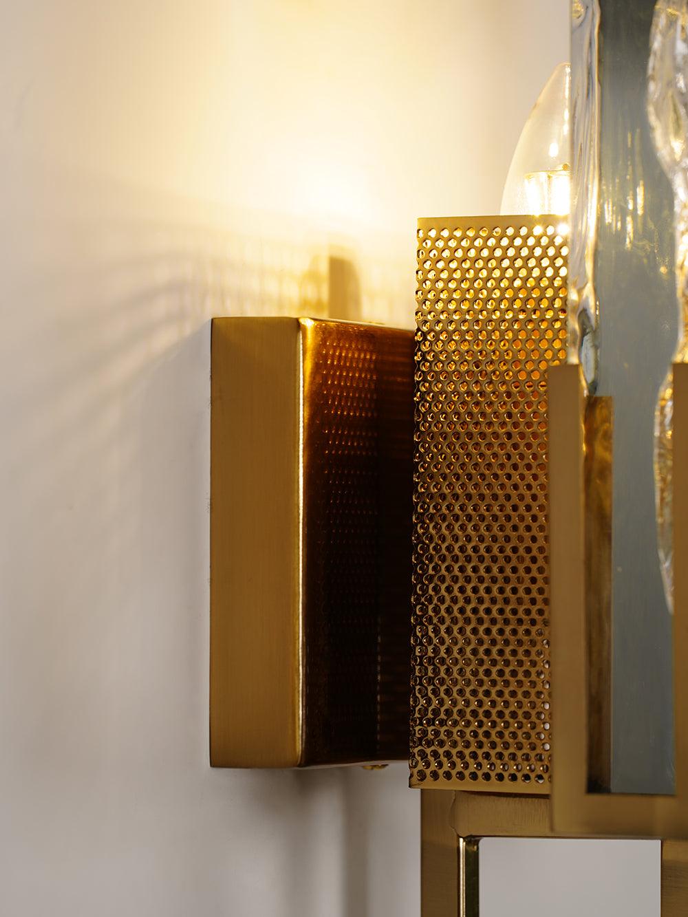 Elegant Ice Crystal Glass Wall Sconce Brass Finish Modern Indoor Light Fixture