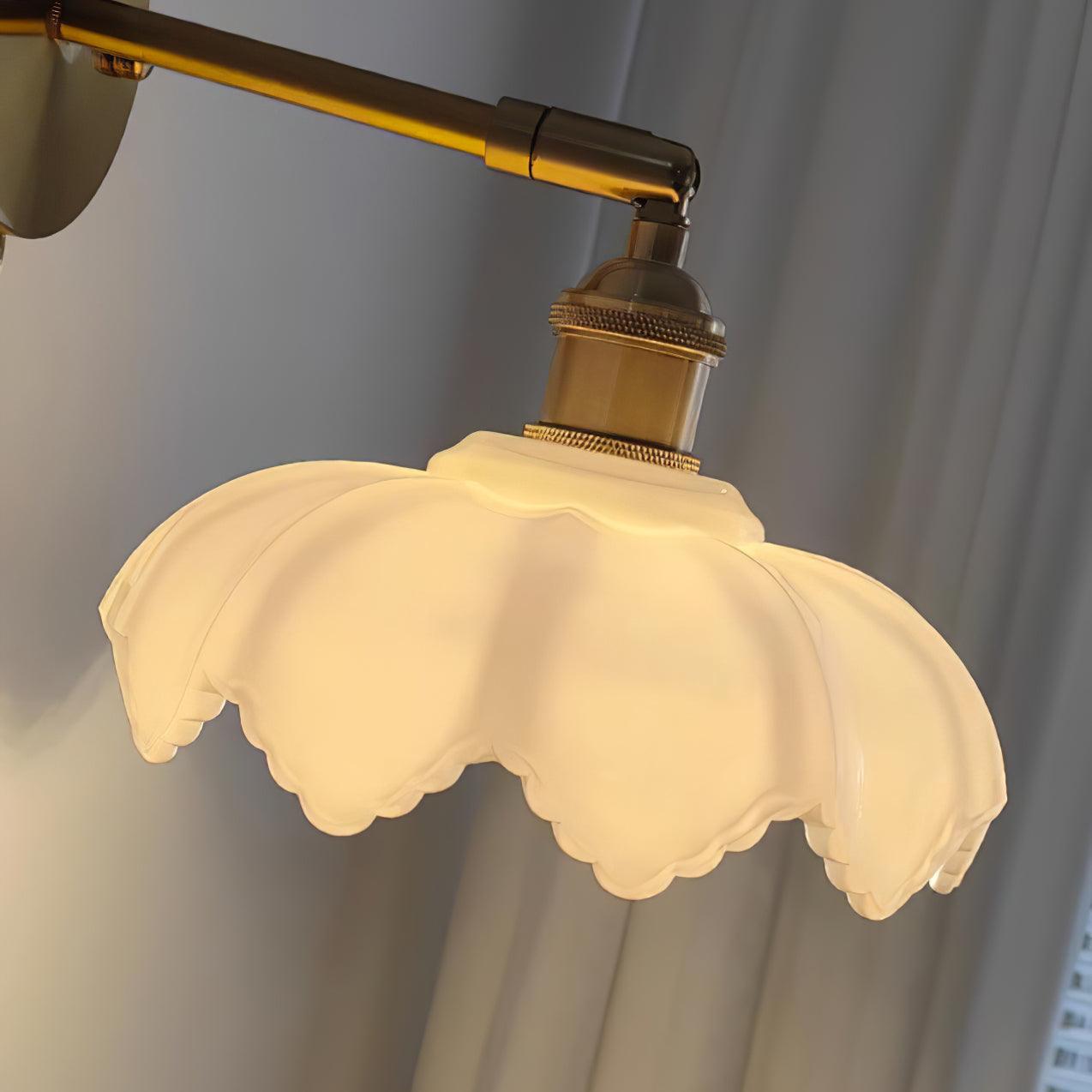 Elegant Lotus Shaped Rotatable Wall Sconce with White Glass Shade and Gold Metal Finish