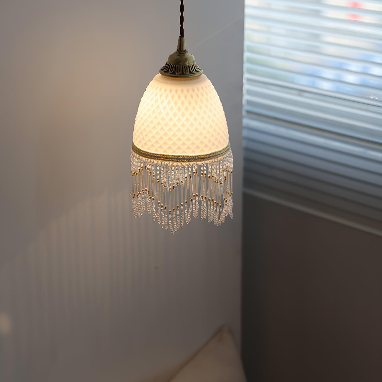 Elegant Mesh Tassel Glass Pendant Light Modern Brass Ceiling Hanging Fixture
