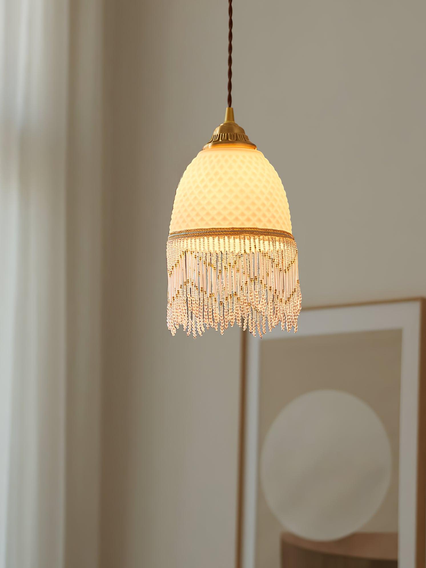 Elegant Mesh Tassel Glass Pendant Light Modern Brass Ceiling Hanging Fixture