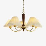 Elegant Mid Century Brass and Walnut Wood Chandelier with White Pleated Fabric Shades