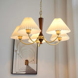 Elegant Mid Century Brass and Walnut Wood Chandelier with White Pleated Fabric Shades