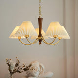 Elegant Mid Century Brass and Walnut Wood Chandelier with White Pleated Fabric Shades