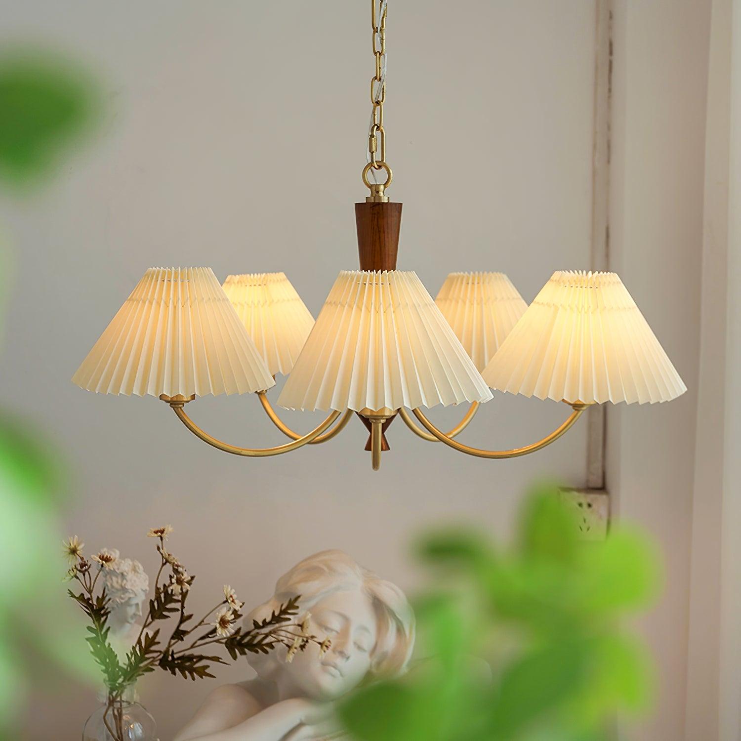Elegant Mid Century Brass and Walnut Wood Chandelier with White Pleated Fabric Shades