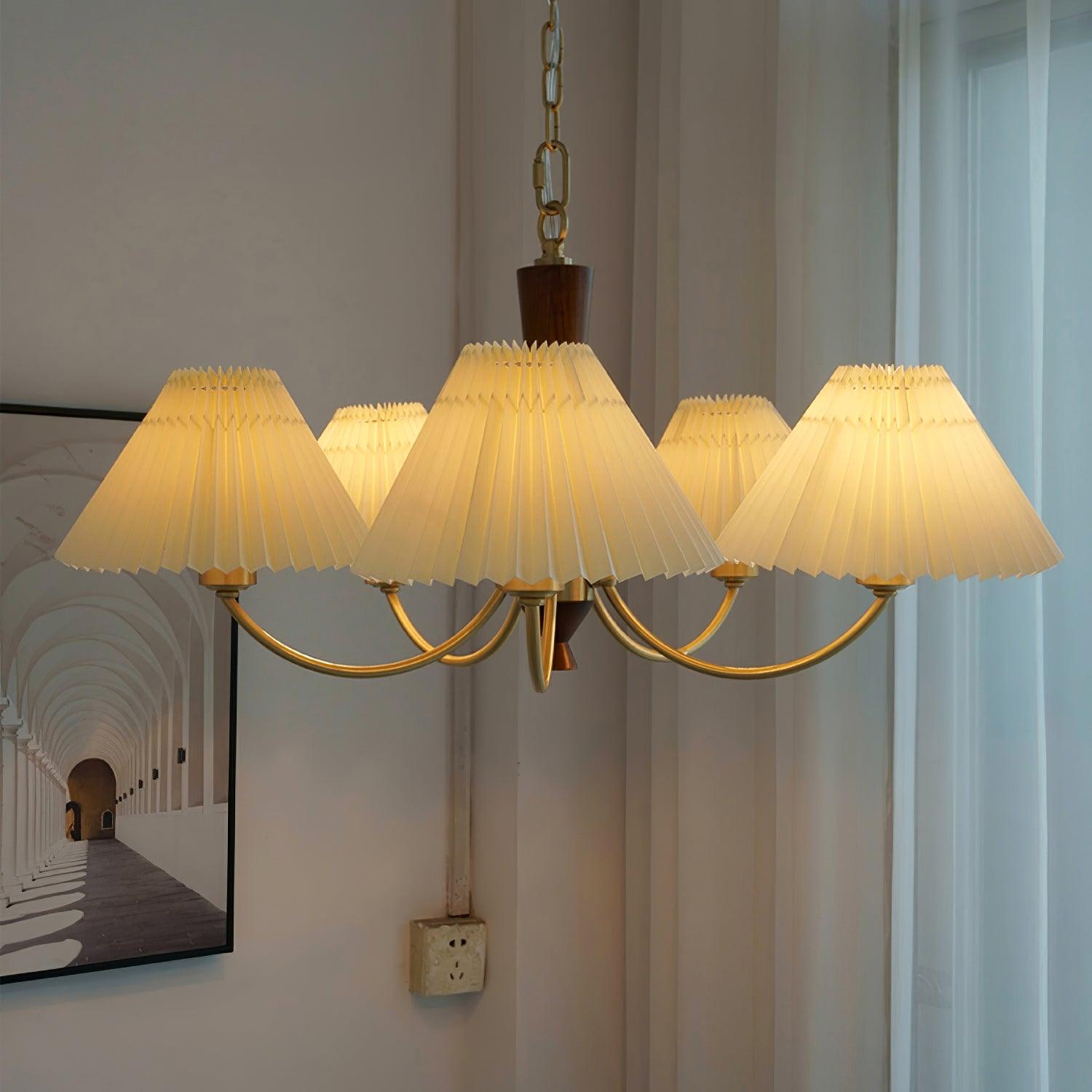 Elegant Mid Century Brass and Walnut Wood Chandelier with White Pleated Fabric Shades