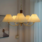 Elegant Mid Century Brass and Walnut Wood Chandelier with White Pleated Fabric Shades