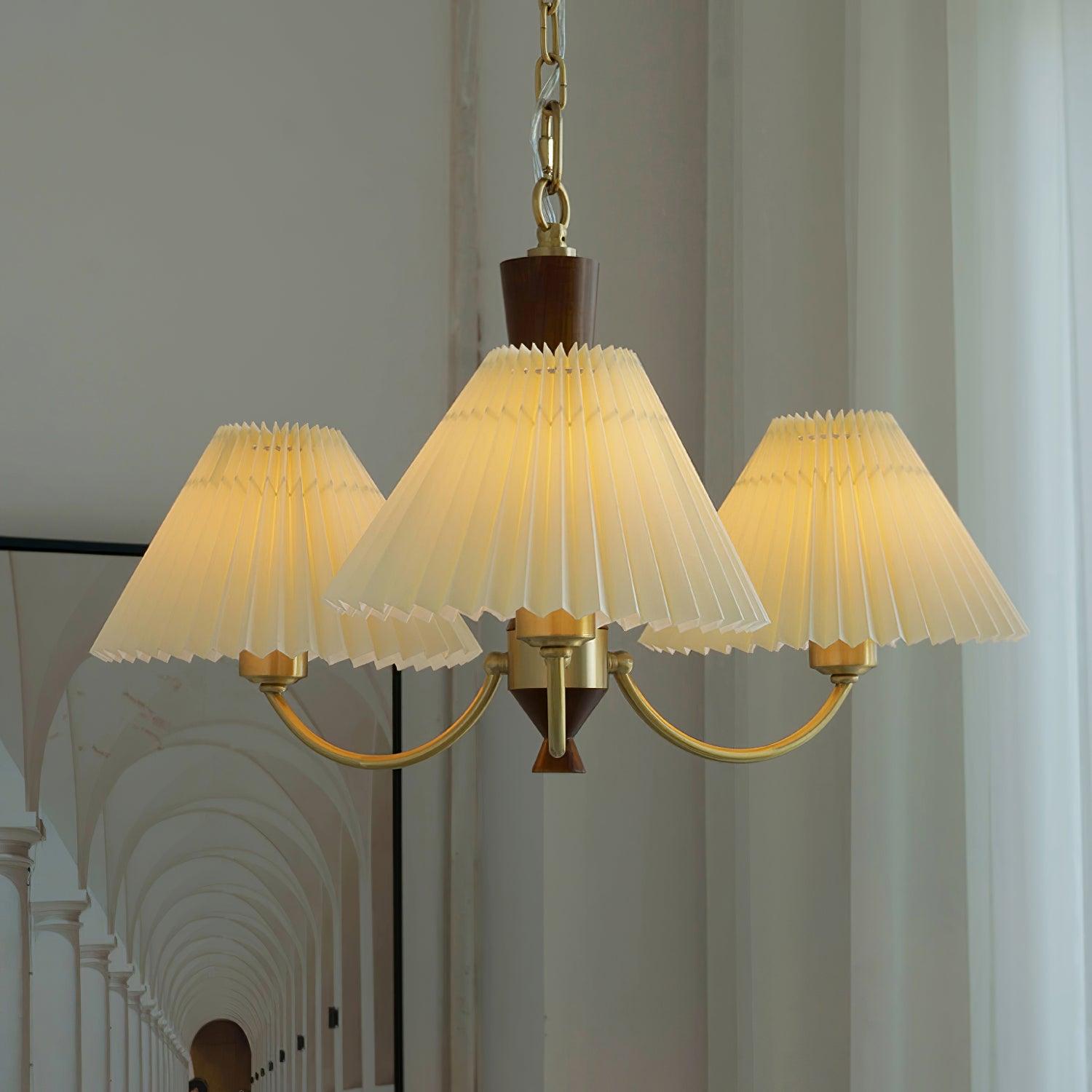 Elegant Mid Century Brass and Walnut Wood Chandelier with White Pleated Fabric Shades