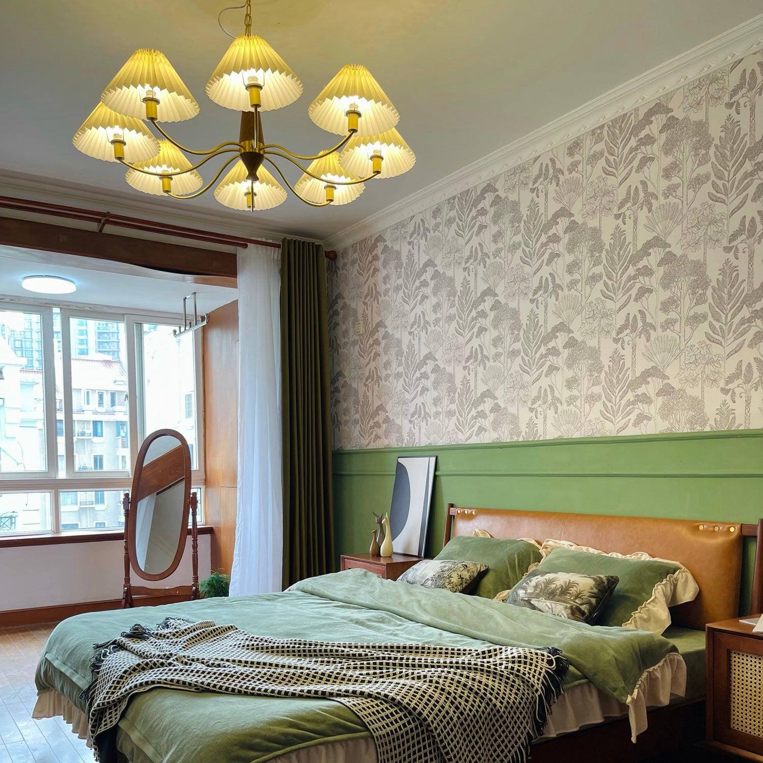 Elegant Mid Century Brass and Walnut Wood Chandelier with White Pleated Fabric Shades