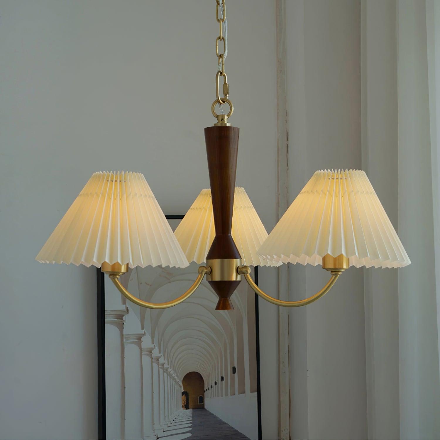 Elegant Mid Century Brass and Walnut Wood Chandelier with White Pleated Fabric Shades